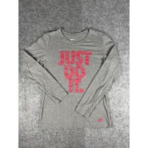 Nike Women Sz L Crewneck Shirt Gray Long Sleeve Slim Fit Logo Print Just Do It